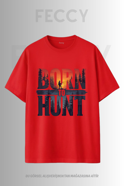 FECCY Tricou Premium Born To Hunt cu imprimeu tematic Hunter, unisex, supradi...