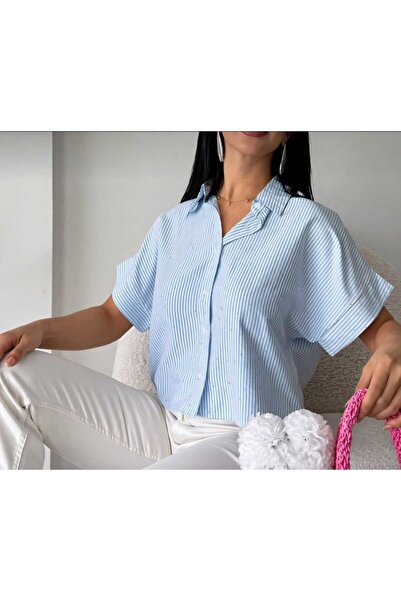 DİMA Stone Detailed Striped Patterned Short Sleeve Shirt