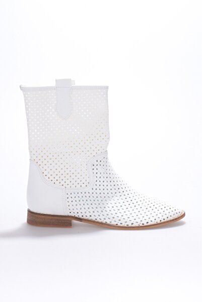 KARABAGSHOES Women's Laser Cut Cowboy Style Summer Boots White