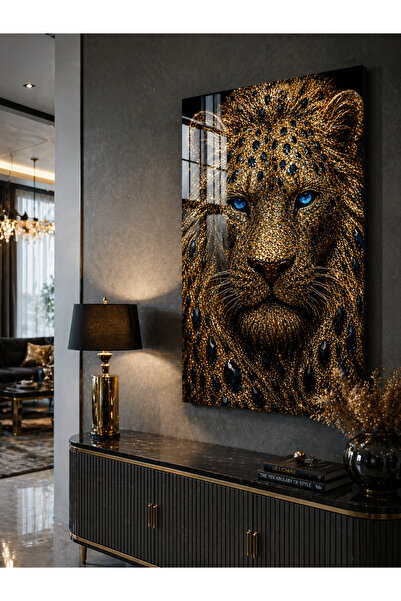 EvimeTablo Aslan Cam Tablo - Gold Taşlı Mavi Gözlü Lüks Modern Duvar Dekoru S...
