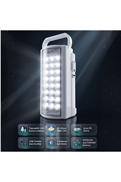DAMMERUN 24 LED’li Şarjlı Kamp Lambası | 2 Kademe Işık Ayarlı Taşınabilir El ...