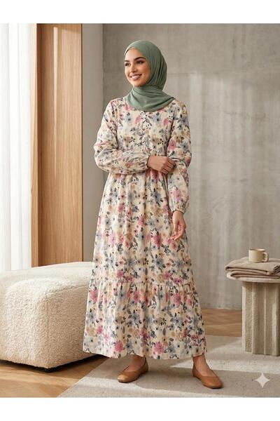 ÇALIŞKAN MODA SOFT DESEN V YAKA MAN.GO KUMAŞ SALAŞ YAZLIK UZUN ELBİSE [ GENİŞ...