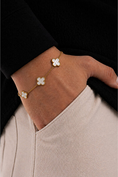 Nutly Accessories Erkek Yonca Bileklik Beyaz Taşlı Gold Çelik Bileklik Şans Y...