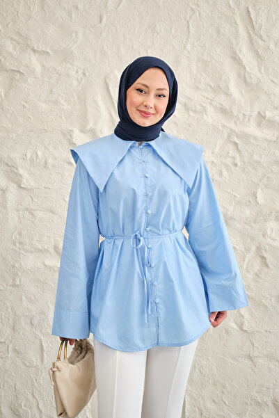 LOCCO Γυναικείο πουκάμισο με γιακά Sailor και δέσιμο στη μέση, μπλε