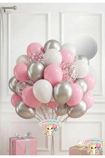 PISPISBALONCUK pembe Beyaz metalik gümüş şeffaf Konfetili Balon Seti doğum gü...