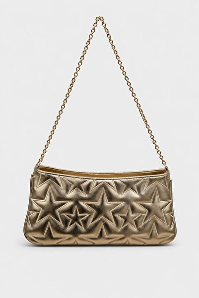Melos Butik Γυναικεία δερμάτινη τσάντα χειρός και ώμου με χρυσό κέντημα αστεριών