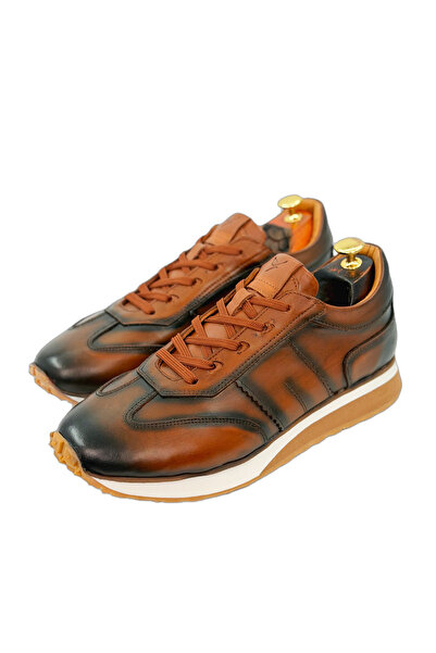 Hakiki Deri Erkek Sneaker Taba Günlük El Yapımı Şık Ve Rahat Taban Casual Ayakkabı Baskısız Düz