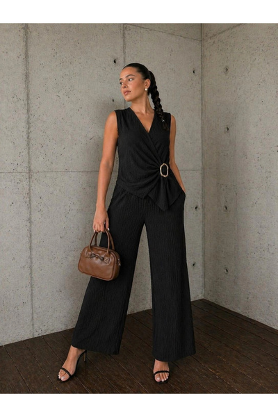 Eka Γυναικείο Μαύρο Σετ Μπλούζα και Παντελόνι με Αξεσουάρ 2334