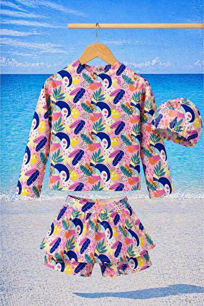 CHİCKİDSWEAR Κοριτσίστικο μακρυμάνικο μαγιό με σχέδια, καπέλο και σορτς με φο...