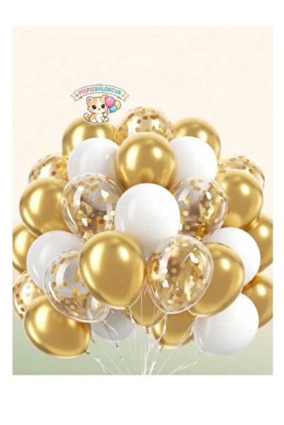 PISPISBALONCUK Beyaz metalik Gold şeffaf Konfetili Balon Seti doğum günü cins...