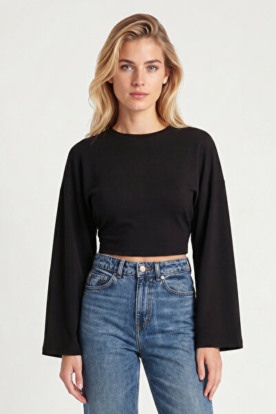 Lovelyİstanbul Ισπανική μπλούζα με κορδόνι στο μανίκι Modal LMW0034 ΜΑΥΡΗ