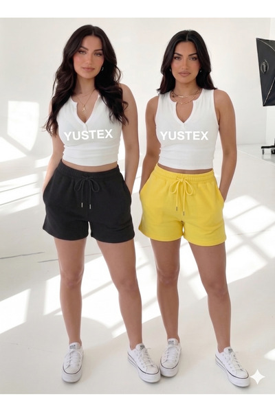 CAONNES Γυναικεία σορτς 2 τεμαχίων σε μαύρο-κίτρινο χρώμα, εντυπωσιακά casual...