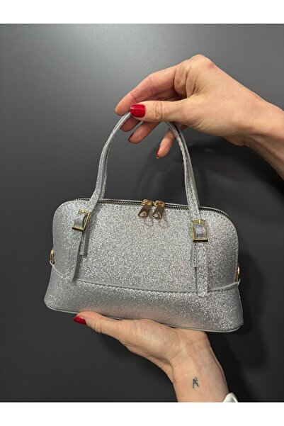 Melos Butik Γυναικεία ασημί γκλίτερ κομψή τσάντα χειρός και χιαστί σε μίνι μέ...