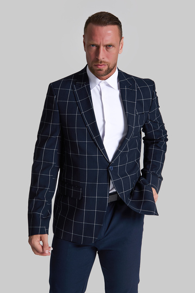 GustmanModa BEYAZ PENCERE KARELİ LACİVERT SLIM FIT CEKET