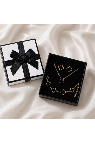 OEM Κομψό σετ κοσμημάτων με τριφύλλι – Κολιέ, βραχιόλι και σκουλαρίκια, Μαύρο