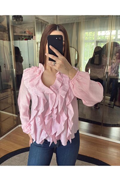 ecemce butik Fırfırlı Düğmeli V Yaka Mevsimlik Bluz
