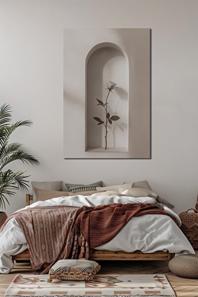 Mythog Minimalist Gül Baskılı Cam Tablo – Niş İçinde Beyaz Gül Modern Duvar D...