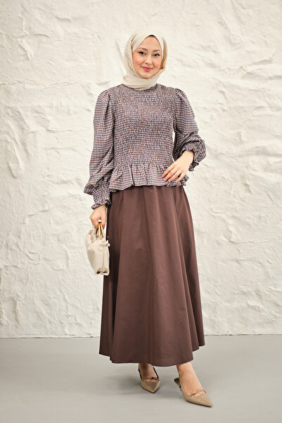 LOCCO Γυναικείο καρό κοστούμι με φούστα σε καφέ χρώμα