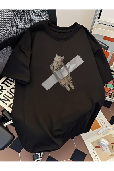 AEMİ Μπλουζάκι Unisex Oversize με στάμπα γάτας και λουράκια