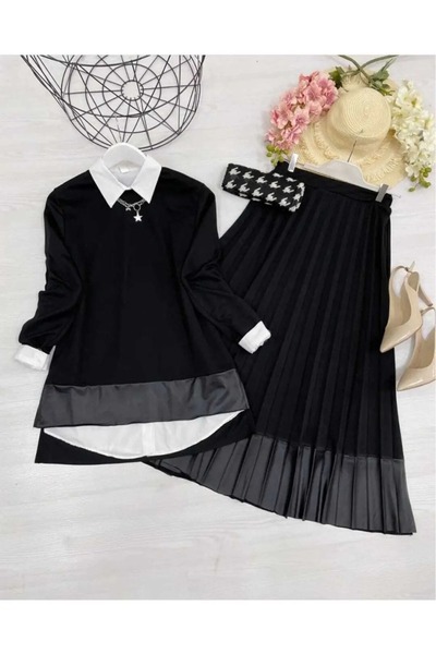 bessomoda Δερμάτινο Σετ με Λεπτομέρειες και Πλισέ Φούστα