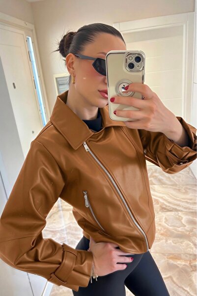 COJIKO Ασύμμετρο γυναικείο δερμάτινο μπουφάν με μανίκια μπαλόνι και φερμουάρ