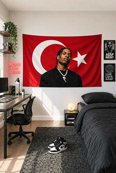 Vendini Türk Bayrağı Önünde Asap Rocky Duvar Halısı Duvar Örtüsü