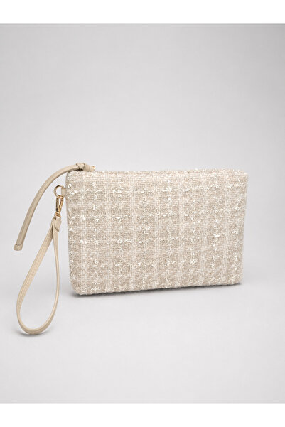 Madamra Krem Kadın Clutch Çanta Dokuma El Çantası Bilek Askılı Yazlık Portföy...