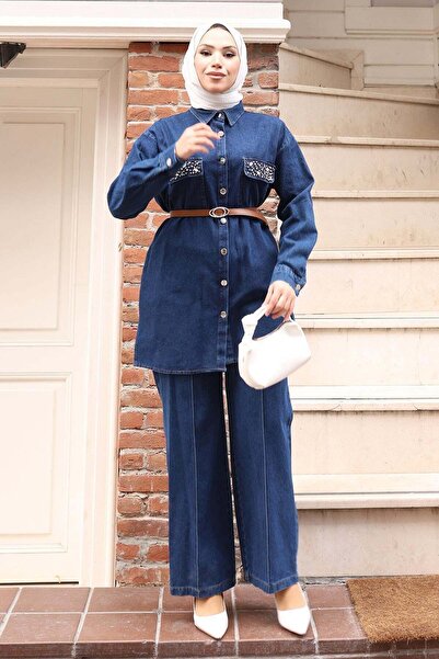 Missvalle Σετ τζιν με κουμπιά και λεπτομέρεια από πέτρα, με ζώνη, σκούρο μπλε...