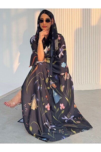 Classy She Fashionable Floral Print Front-opening Abaya Two-piece Set Includi...