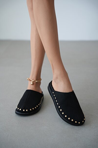 selin shoes Γυναικείες παντόφλες Vodra με κεντημένη χρυσή πέτρα - ΜΑΥΡΟ ΣΟΥΕΤ