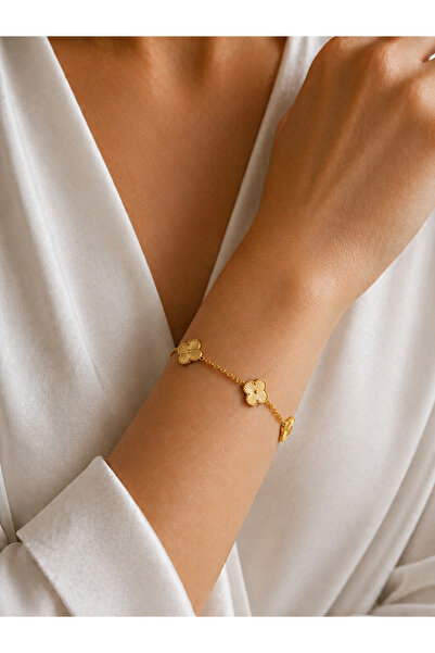 Nutly Accessories Kadın Yonca Bileklik Renkli Taşlı Gold Çelik Bileklik Şık M...