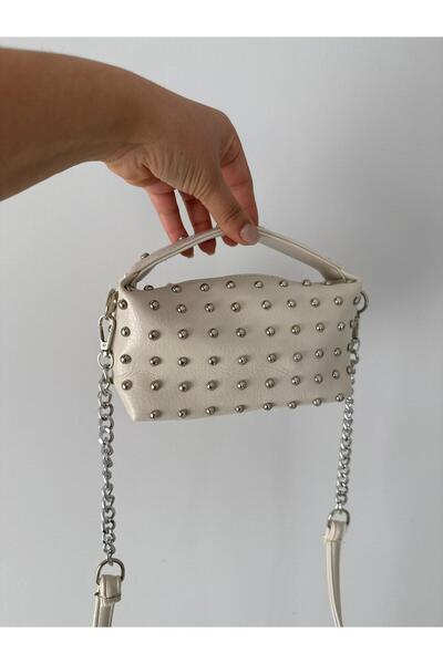 melecco Cream Chain Strap Women's Bag Staple Detailed Mini Shoulder Bag Stylish Small Size Daily Bag Black White Gold Denim