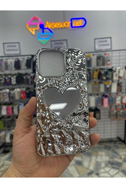 eaksesuarnet İPhone 13 / 14 / 15 Kalpli Aynalı Desenli Silikon Kılıf