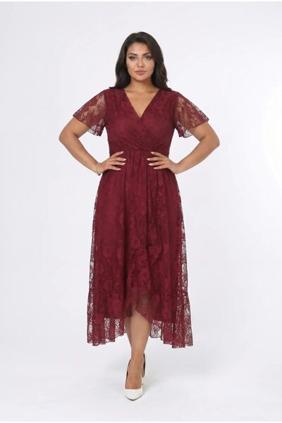 hazelin Γυναικείο μπορντό φόρεμα μεγάλου μεγέθους με λαιμόκοψη V και δαντέλα ...