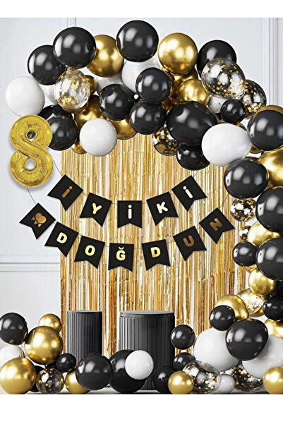 Parti Zamanı 8 Yaş Balonlu Siyah Konsept Doğum Günü Balon Zinciri Toplam 35 P...