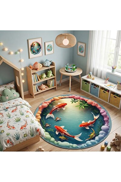Rugs Modern Halı SDT Renkli Koi Balıkları ve Doğal Gölet Desenli Dokuma Taban...