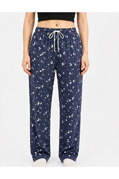 OTD STORE Kadın Lacivert / Beyaz Ay Yıldızlı Pijama Altı Lastikli Rahat Kalıp Ev & Günlük Pantolon
