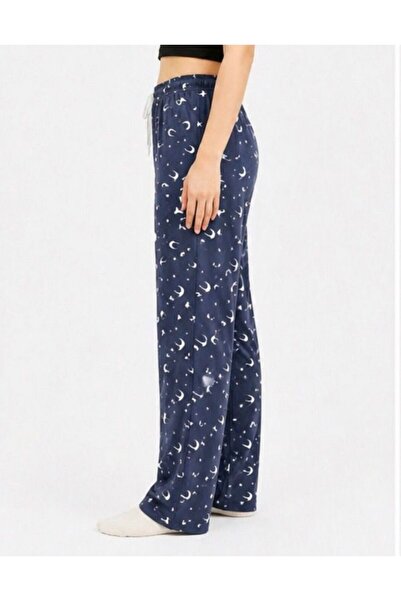 OTD STORE Kadın Lacivert / Beyaz Ay Yıldızlı Pijama Altı Lastikli Rahat Kalıp Ev & Günlük Pantolon