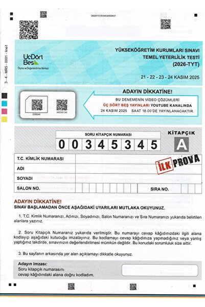 Üç Dört Beş Yayıncılık Üç Dört Beş TYT 2026 İlk Prova (21-22-23-24 Kasım) Tek...