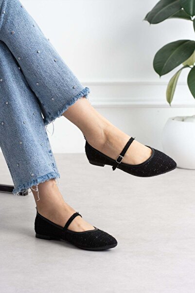 ShoeTek Lofi Women's Flat Shoes with Front Strap and Buckle, Linen Woven, Black