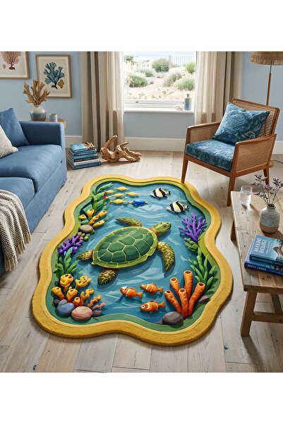 SDT Sea Turtles and Colorful Coral Patterned Yellow Woven Sole Decorative Carpet sdt852