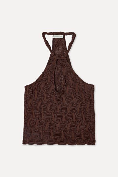 Mudo Women's Brown Fitted Halter Neck Sleeveless Blouse