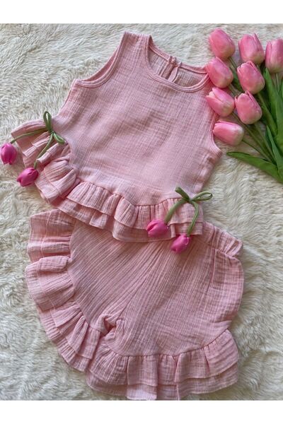 Portakal Bebek Lale Aksesuarlı Fırfırlı Muslin Kız Çocuk İkili Takım