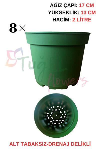 Tuğel Flowers 8 Adet (KOYU YEŞİL)Plastik Saksı 2 LİTRELİK (ALT TABAKSIZ)