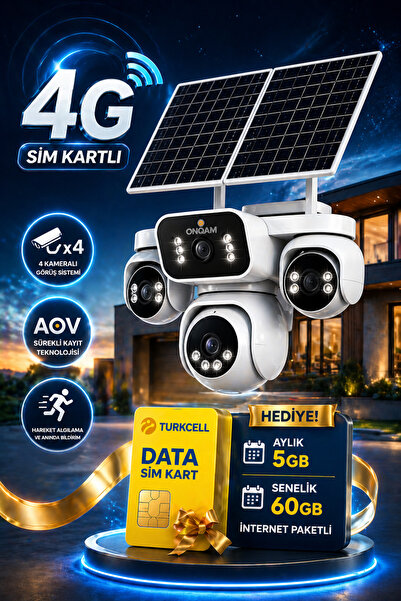 ONQAM 4 Kameralı 4G Sim Kartlı Çift Solar Panelli Sürekli Kayıt Özellikli Güv...