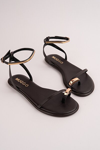 MUGGO Γυναικεία ίσια σανδάλια MALDİV με χρυσή μεταλλική λεπτομέρεια και λουρά...
