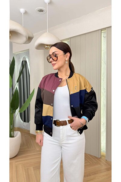 QİMYA BUTİK NOX Γυναικείο παλτό BIKER με χρωματικές αντιθέσεις, με επένδυση κ...