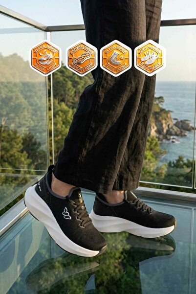 WALKWAY Μαύρο και λευκό διχτυωτό ελαφρύ, εύκαμπτο πάτο με μνήμη, αθλητικά παπ...