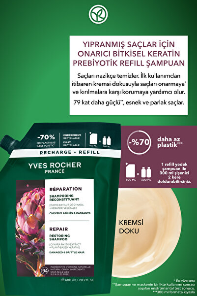 Yves Rocher Onarıcı Bitkisel Keratin Prebiyotik Refill Şampuan -Yıpranmış Saçlar- SLS,SLES içermez,Tuzsuz -600ml