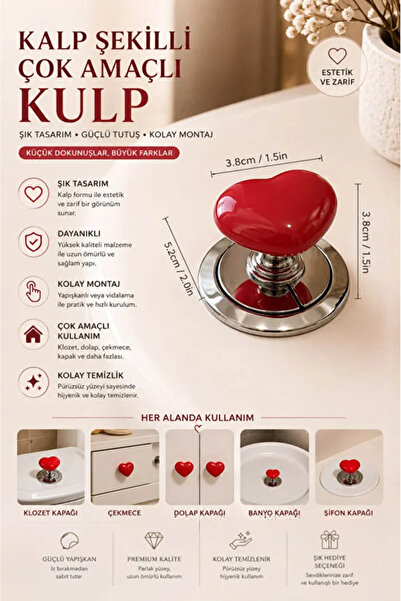 TUMU LIFE Kalp Şekilli Yapışkanlı Kulp Çok Amaçlı Dolap Çekmece Klozet Buton ...